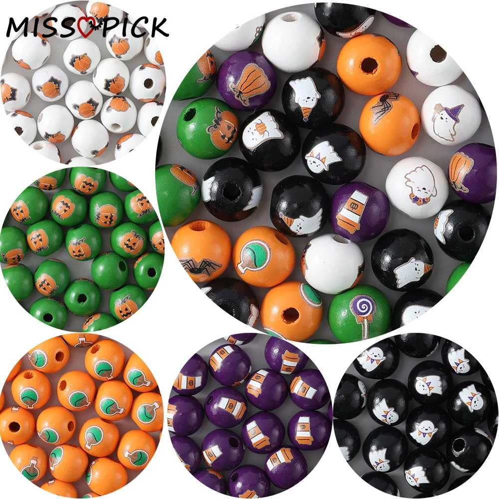 Круглые деревянные бусины для Хэллоуина 10 шт. 16 мм дизайна тыквы призраков Табби