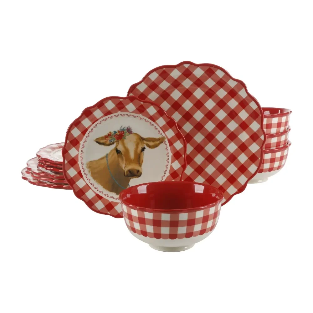 

The Pioneer Woman Gingham 12-Piece Dinnerware Set, Dishes and Plates Sets, Red/Gray