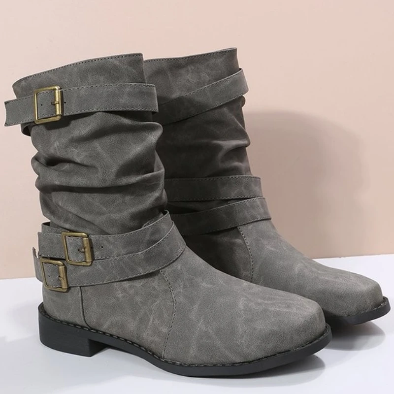 

Casual Motorcycle Boots Women Pleated Ankle Chelsea Boots 2024 Winter New Low Heels Shoes Chunky Gladiator Goth Snow Pumps Botas