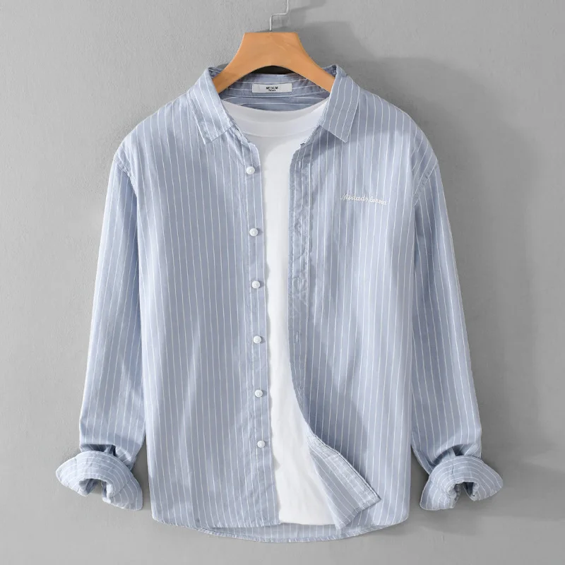 

Striped Men's Long-sleeved Plain Shirt Spring and Autumn 100% Cotton Literary and Artistic Korean Casual Trendy Men Shirts