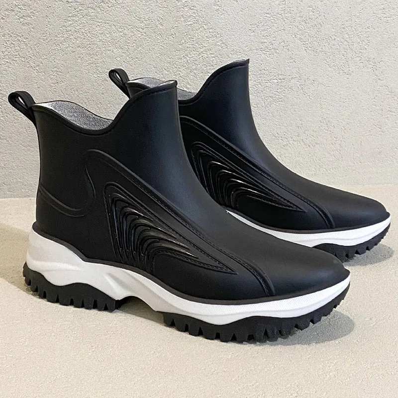 

Women's Rain Boots Platform Waterproof Wear-resistant Solid Black Ankle Shoes for Women 2023 New Fashion Spring Autumn