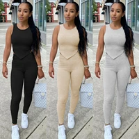 2022 new stretch two piece set women u neck sleeveless vest top bodycon pencil trousers slim sports jogger fitness outfits