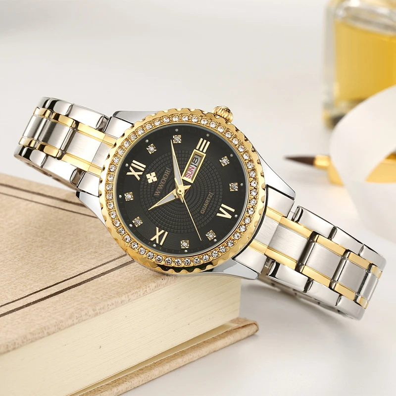 WWOOR Fashion Luxury Men Women Watch Gold Quartz Wristwatch Stainless Steel Couples Clock Waterproof Business Sport Mens Watches