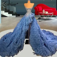 High Low Blue Prom Dresses 2022 Beaded Modern Tiered Cloud Celebrity Dresses Strapless Red Carpet Runway Evening Party Gowns