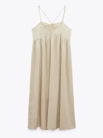 Summer new women's casual retro beach sweet and spicy pure desire wind mid-length linen blended embroidery sling dress