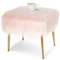 Costway Faux Fur Vanity Stool Square Furry Ottoman w/ Golden Metal Legs Pink JV10354PI
