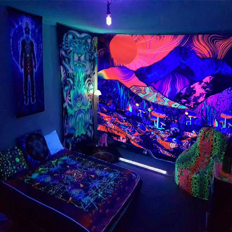 

Fluorescent tapestry UV reaction decorative cloth psychedelic skull game machine fluorescent tapestry wall cloth home decoration
