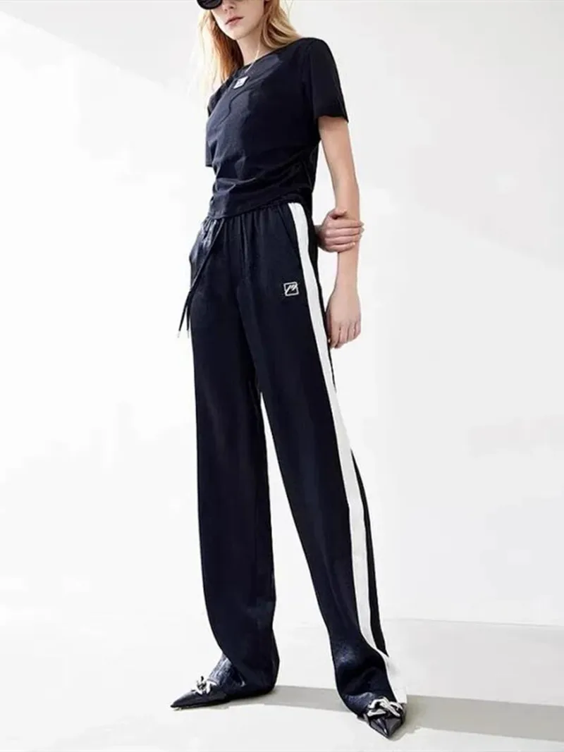 

Women Side Stripes Stitching Wide-Leg Pants Glossy Straight Drape Elastic Waist 2022 New Female Casual Mopping Long Trousers