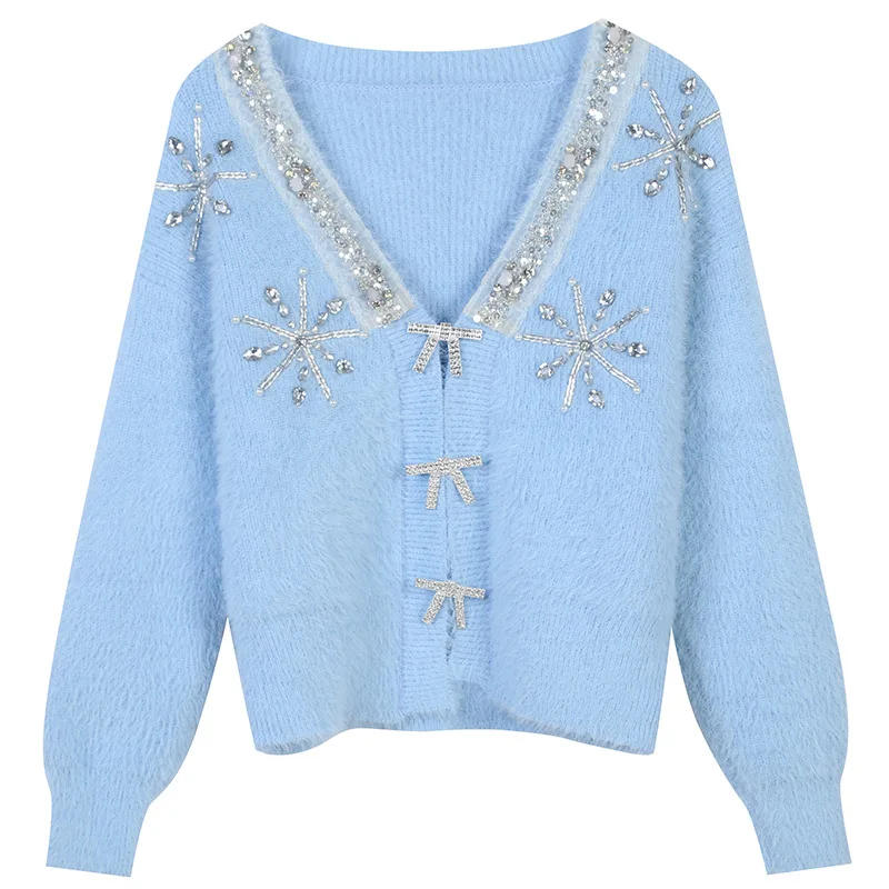 

Осенне-зимний новый кардиган из искусственной норки с вышивкой бисером стразы на пуговицах социалитовый свитер с вырезом лодочкой