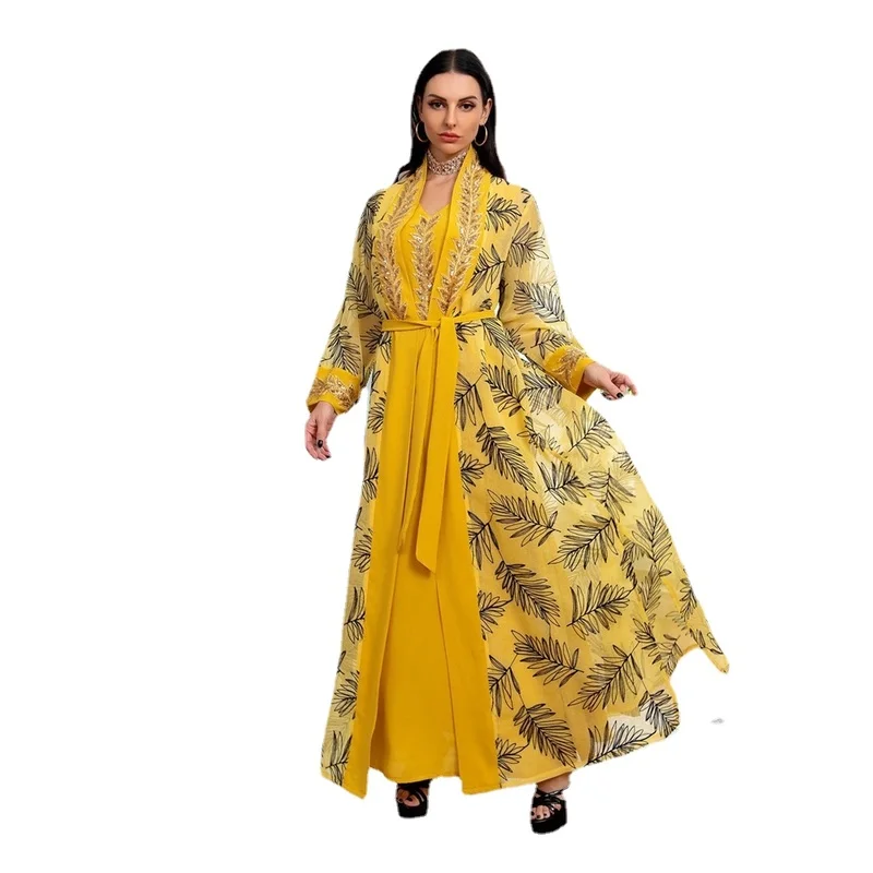 

Sequined Embroidery Dubai Abaya Muslim Sets Belted Kaftan Party Robe Femme Musulmane Caftan Marocain Women's Jalabiya Ramadan