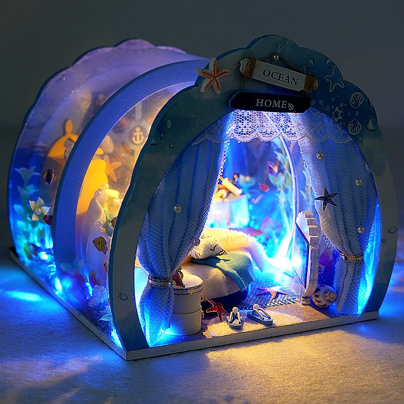 

DIY Dollhouse LED light Ocean home Wooden miniature doll house With Furniture Kit iniaturas Toys villa home decor christmas gift