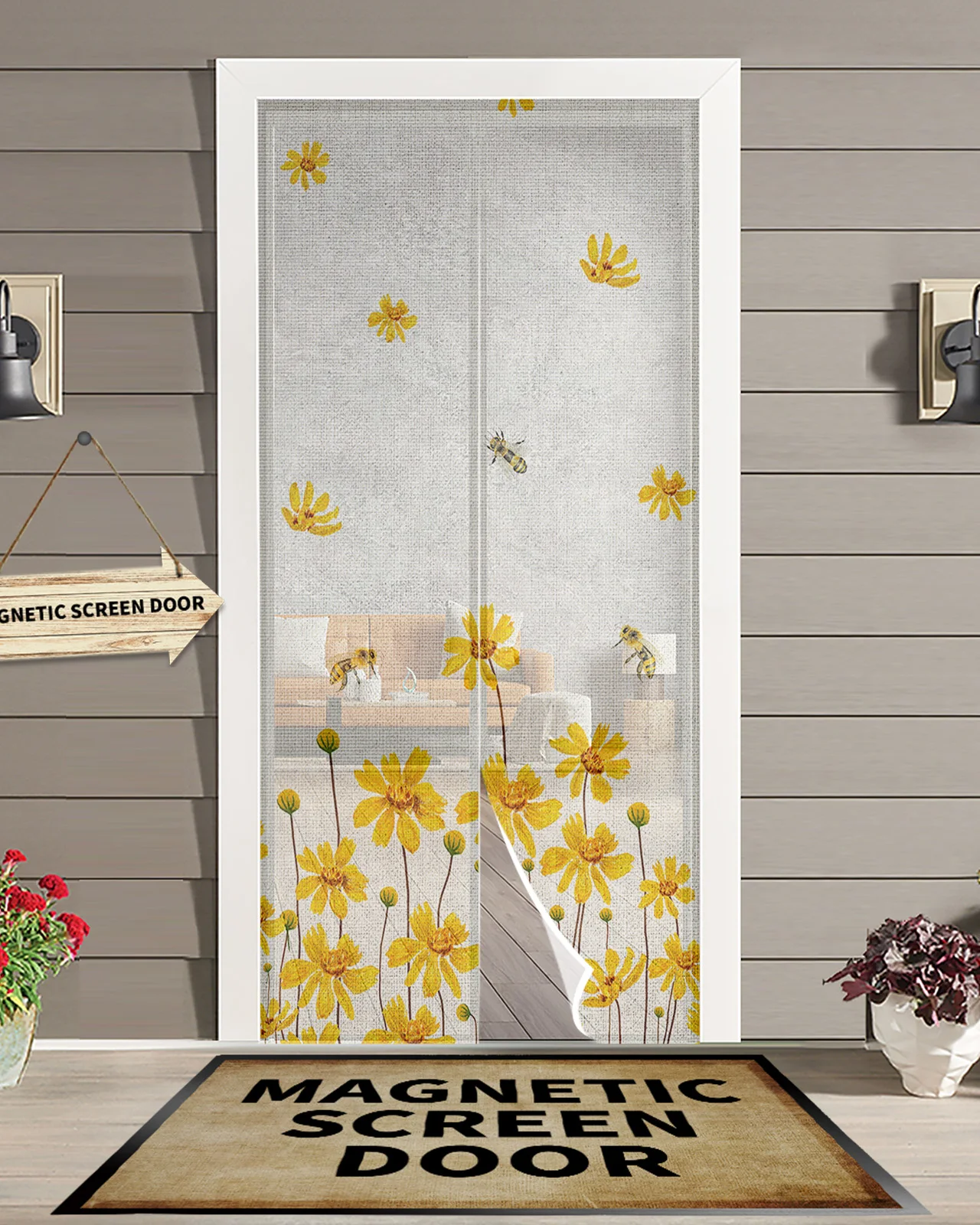 

Watercolor Yellow Flowers Bees Magnetic Door Curtain Living Room Bedroom Home Anti-mosquito Screen Door Curtain