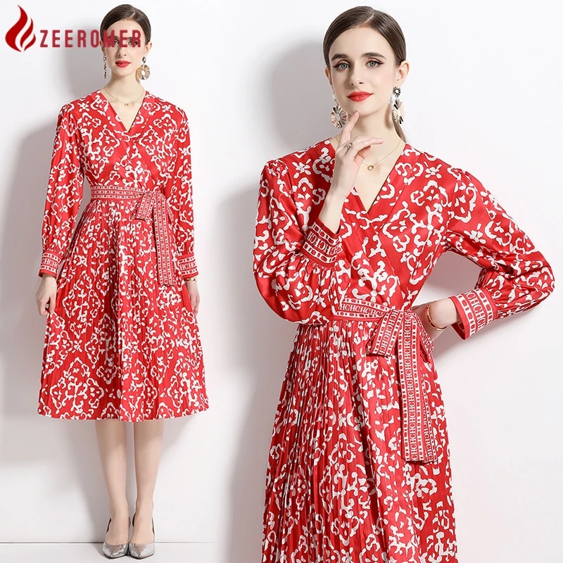 

ZEEROMER 2023 Summer Fashion Runway Print Pleated Dress High Quality Women V-Neck Long Sleeve Lace Up A Line Midi Party Vestidos