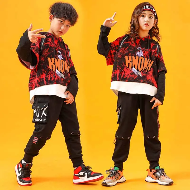 Kids Hip Hop Dance Clothing Fashion Burning Color Tops or Streetwear Pants for Girls Boys Dancewear Clothes Fancy Costume
