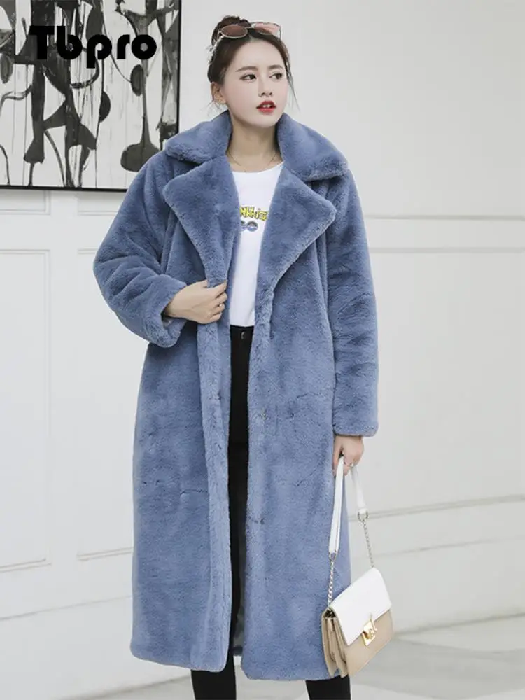 

Женское однотонное высококачественное пальто из искусственного кроличьего меха, роскошное длинное меховое пальто, Свободное пальто с лацканами, зимнее толстое теплое женское плюшевое пальто 2022