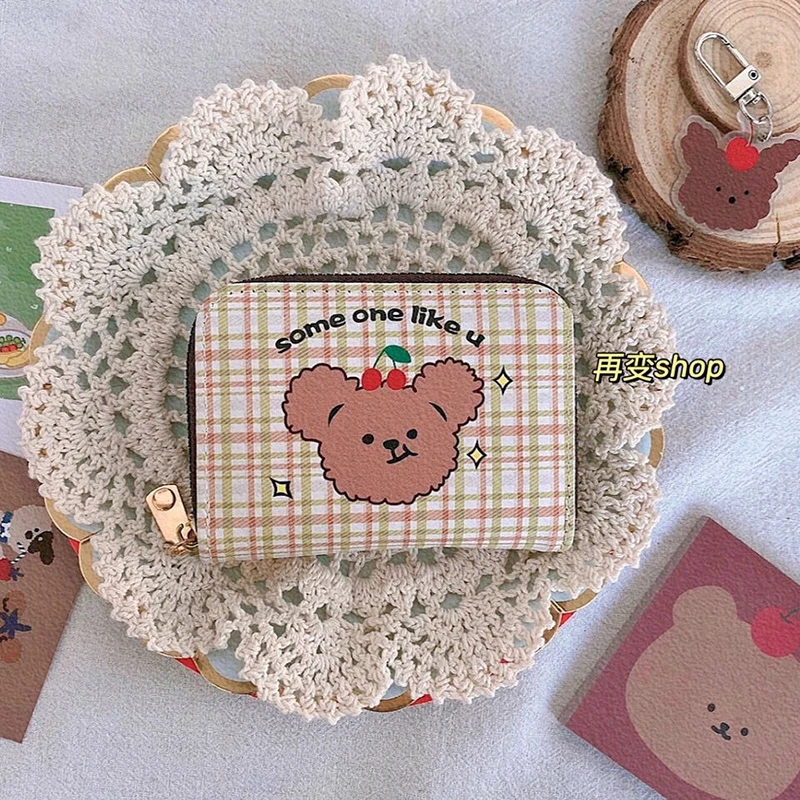 

Korea fashion kawaii Harajuku bear wallet For Girls Cartoon short Zipper Famale card Bag Y2k letter plaid Small Women coin purse