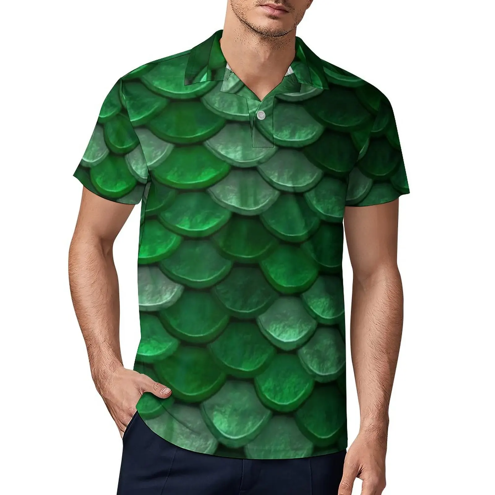 

Рубашка-поло мужская с отложным воротником, Повседневная Блузка с зеленой чешуей русалки, цвета металлик, в уличном стиле, большие размеры, ...