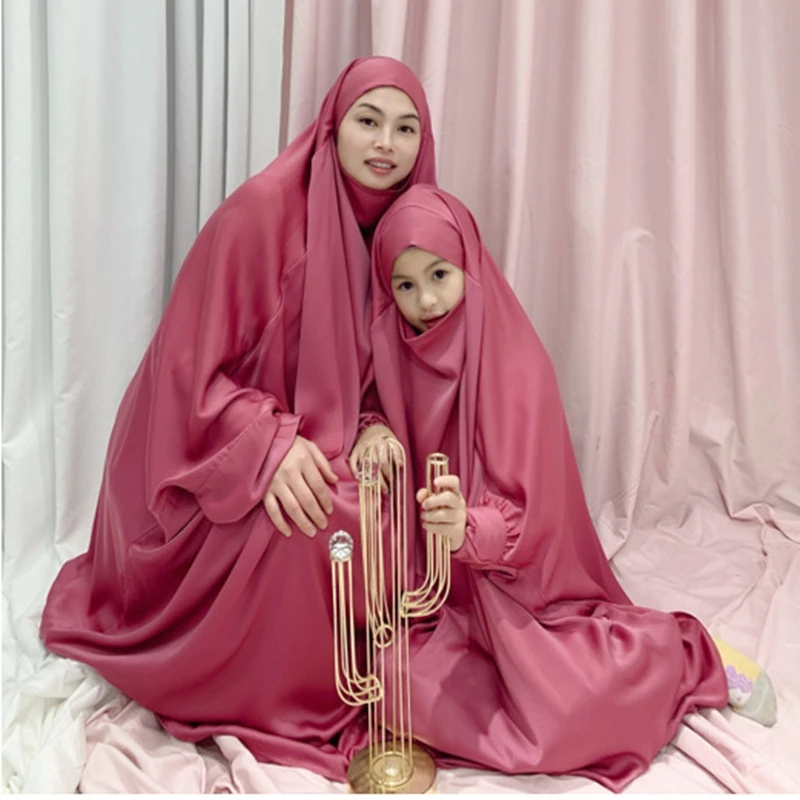 Jilbab Eid мусульманский женский хиджаб платье, молитвенная одежда, атласная абайя с капюшоном, длинная, химар, Рамадан, Абайи, наборы, мусульман...