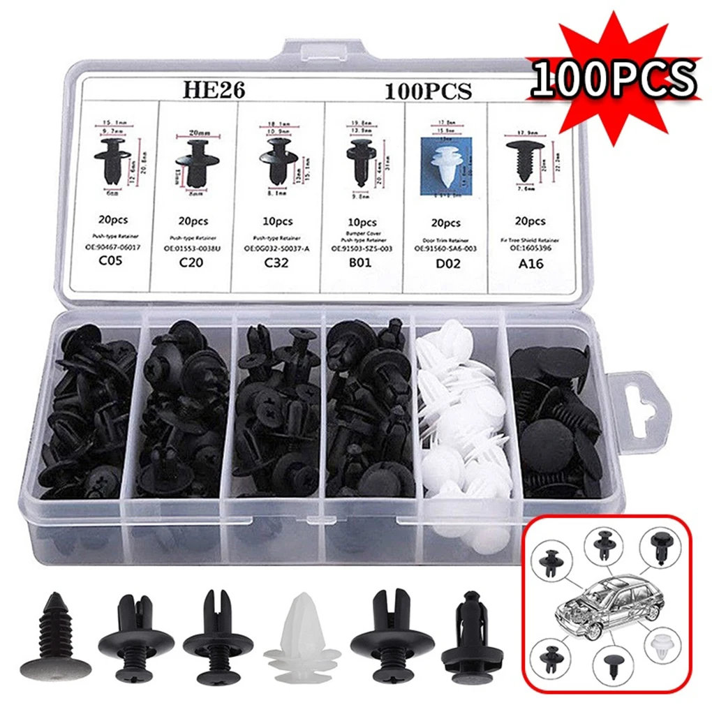 

100pcs Mixed Auto Fastener Clip Car Body Push Retainer Pin Rivet Bumper Door Trim Panel Retainer Fastener Kit Car Accessories