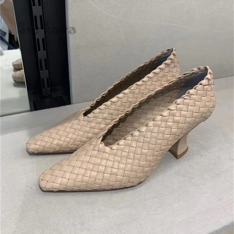 Woven Sheepskin Pumps Concise Pointed Toe High Heels Women's Shoes Comfortable Casual Mom's Kitten Heel Elegant Slip On Sandals