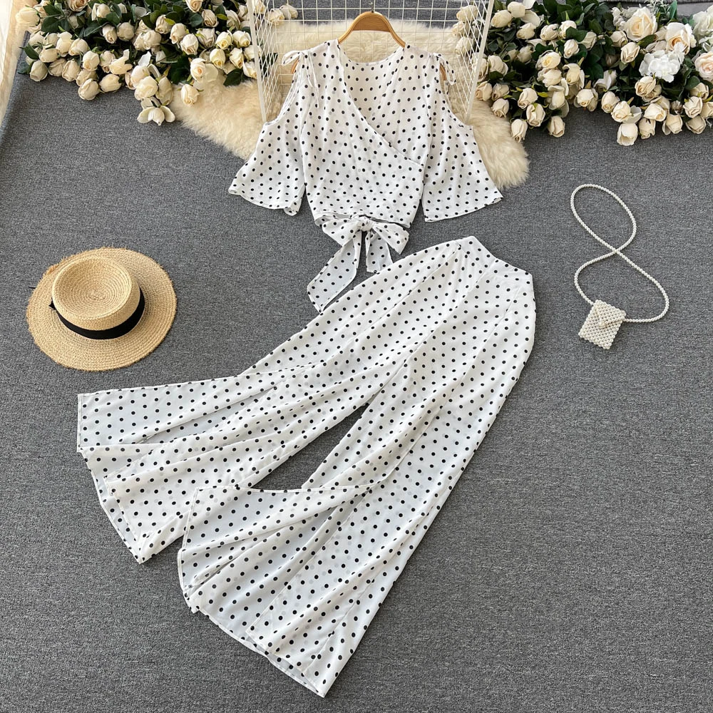 

Clothland Women Elegant Chiffon Polka Dot Suit Bow Tie Lace Up Crop Top Wide Leg Trousers Pants Summer Chic Two Piece Sets TZ306
