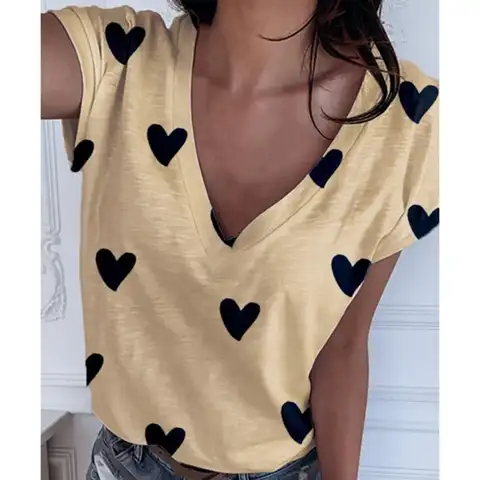 Fashion Women's T-shirt Summer V-neck New 3d Love Print Short-sleeved T-shirt Tops Simple Casual Pullover Retro Women's Clothing
