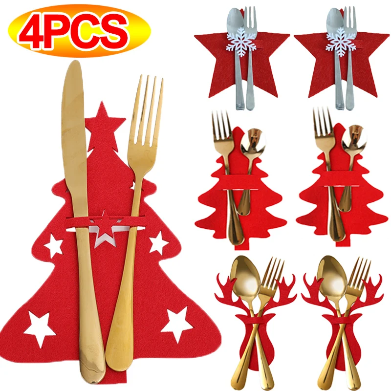 

4/1PCS Christmas Cutlery Holder Kitchen Knife Fork Bag Christmas Tree Xmas Tableware Cover Home New Year Party Dinner Decoration