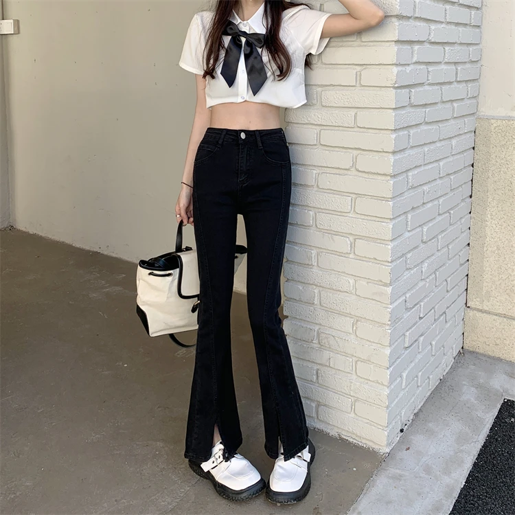 N1070   Slit jeans women's new Korean version retro high waist slim slim straight micro flared pants jeans