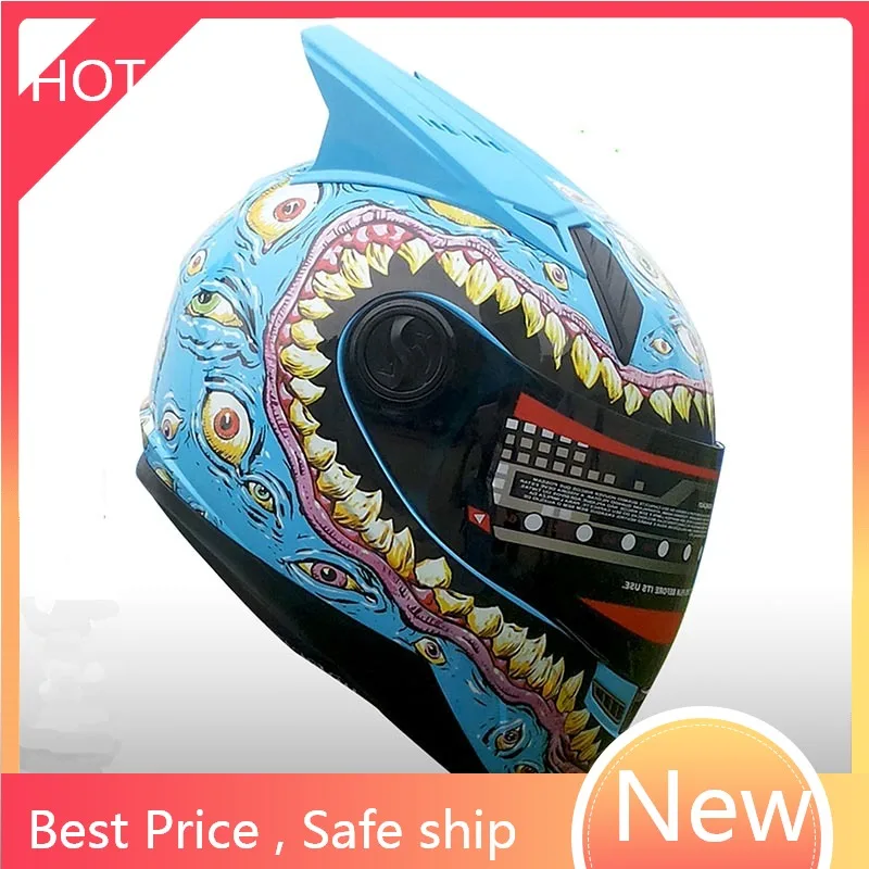 

Unisex Motorcycle Helmet Open Face Motocross Helmet Capacete Vintage With Blue Horns ECE Approved FAST