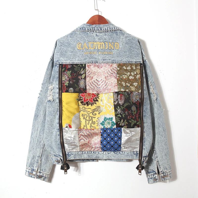

Embroidered Printed Appliqué Frayed Denim Jacket Women's 2022 Spring Streetwear Casual Jeans Coat Oversize Vintage Denim Outwear