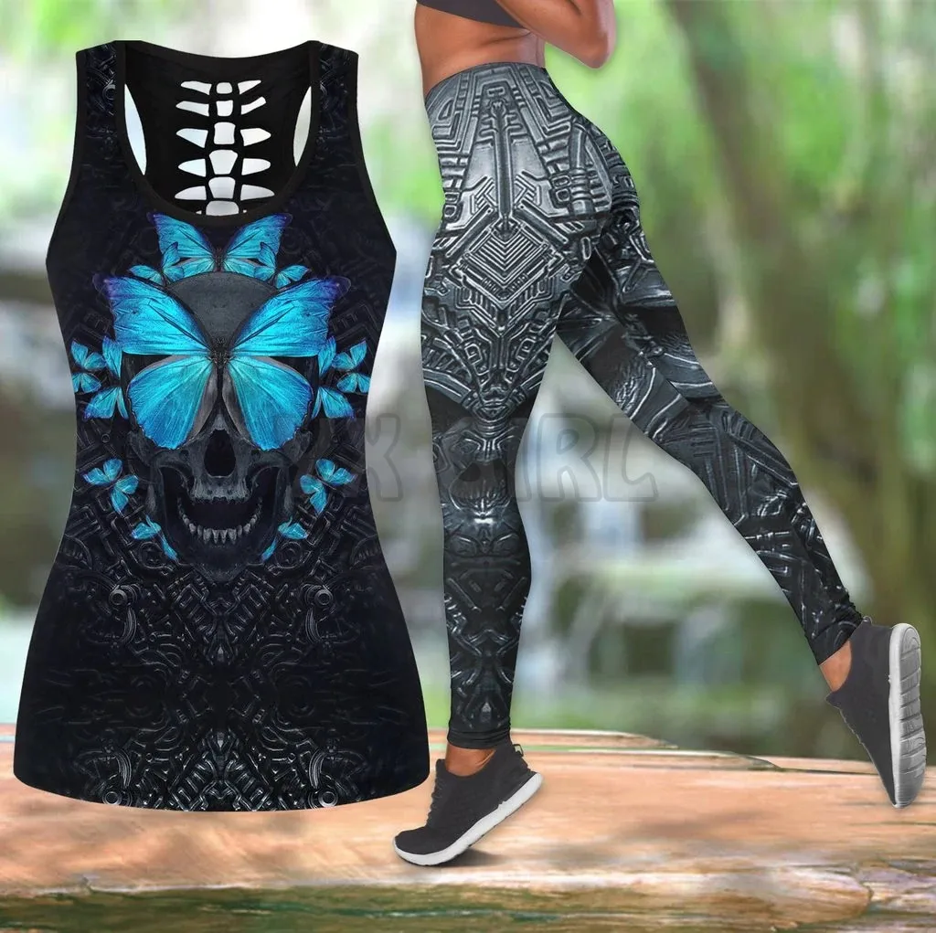 Skull Blue Butterfly  3D Printed Tank Top+Legging Combo Outfit Yoga Fitness Legging Women