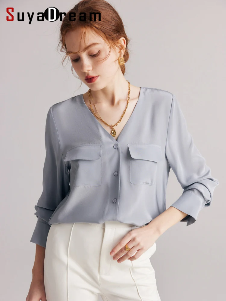 SuyaDream Women Chic Shirts 100%Silk Crepe De Chine V Neck Chest Pockets Solid Blouses 2023 Spring Summer Office Lady Top