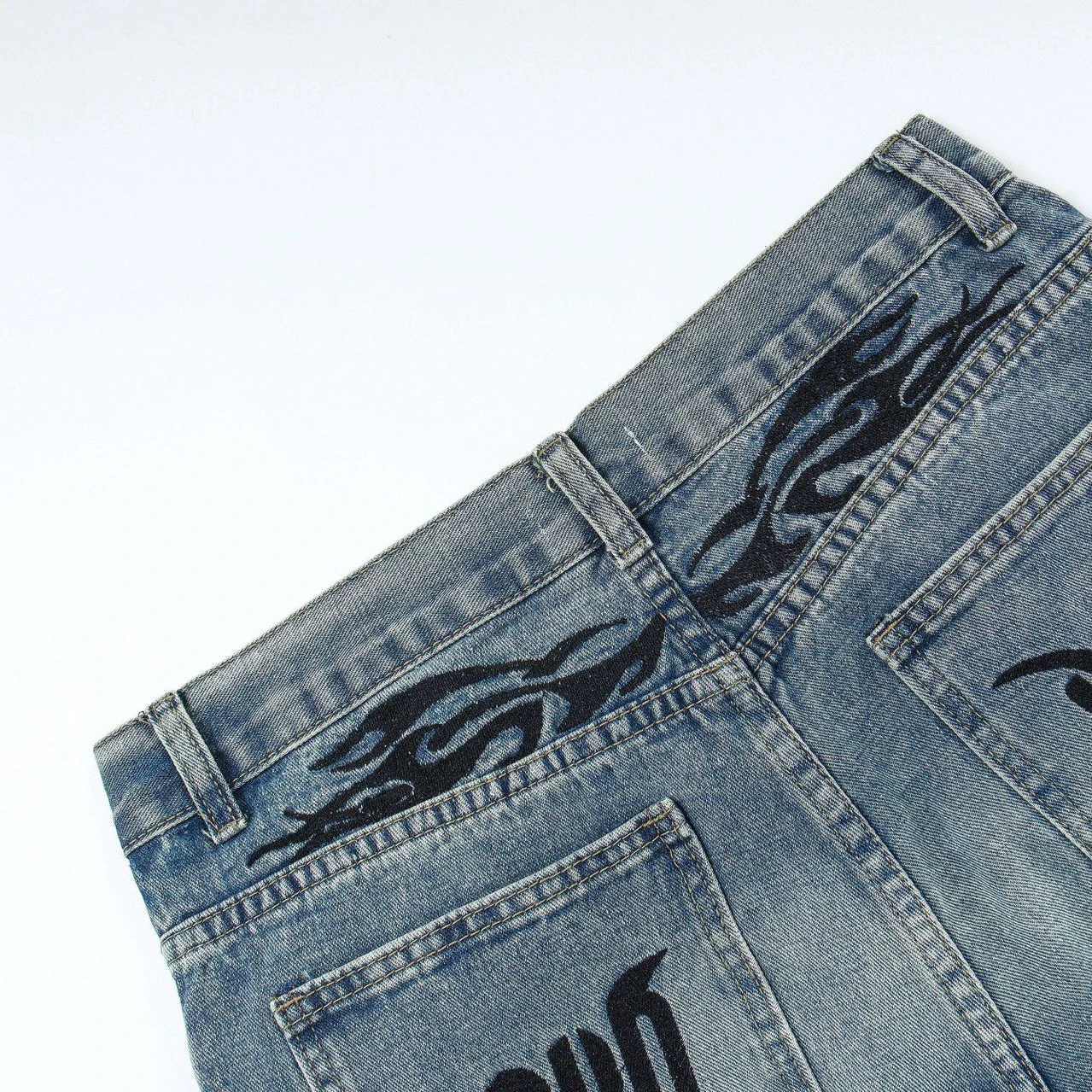 Men Vintage Jeans Flame Letter Embroidered Unisex Denim Pants  Harajuku Streetwear Men Women Casual Straight Jeans