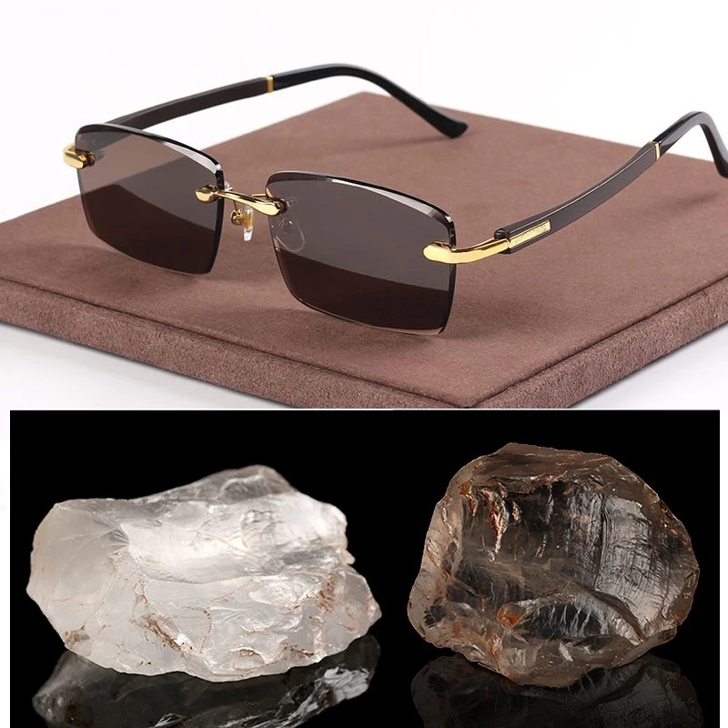 Vazrobe Rimless Stone Sunglasses Male Natural Mineral Crystal Brown Lens Anti Scratch Cool and Moisturizing Eye Rectangle