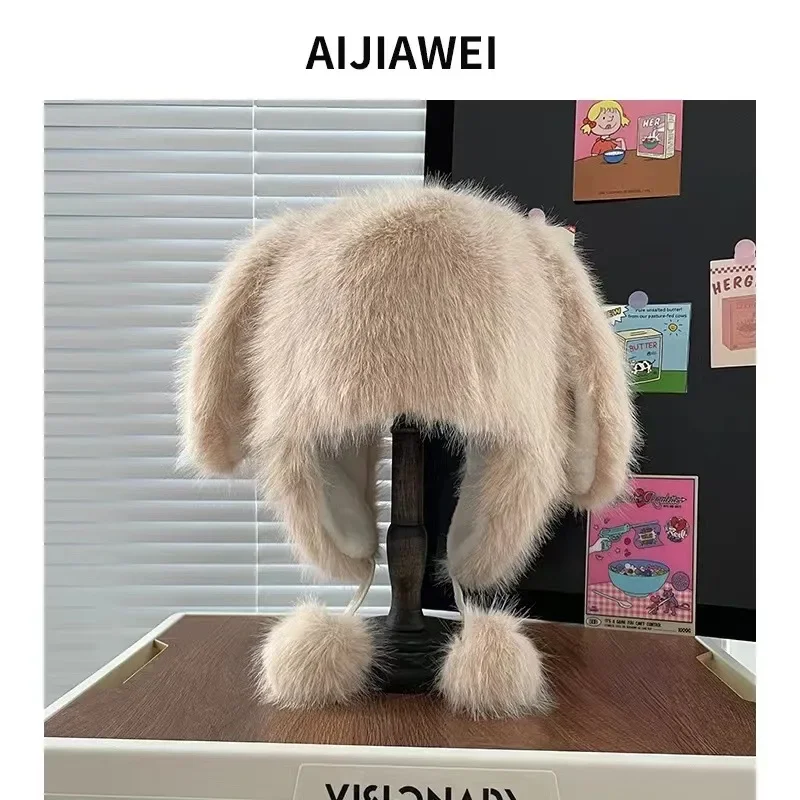 Кепка-ракета с милым кроликом беруши плюшевая шапка женская зимняя утолщенная
