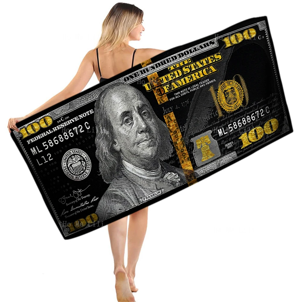 Black And Gold 100 Dollar Bill Money And Wealth Greenback Pile Franklin Head Portrait Microfiber Quick-Drying Towel