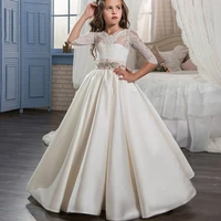 new european and american vintage satin flower girl dress wedding dress with diamond lace bow tie long princess fluffy skirt