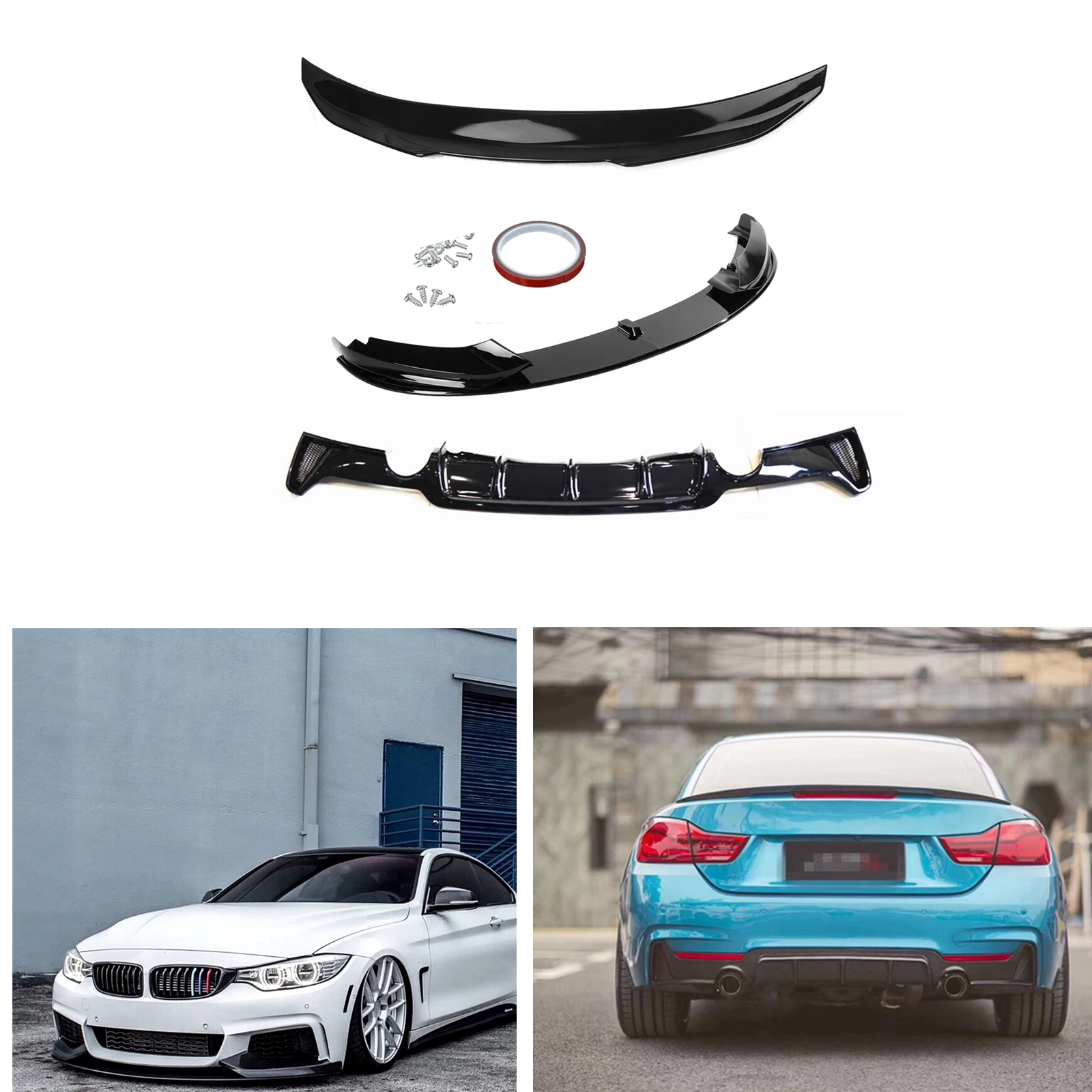 

For BMW F32 F33 F36 M Sport 2014-2020 Gloss Black Front Bumper Splitter Lip+PSM Trunk Spoiler Wing +Rear Diffuser Dual Exhaust