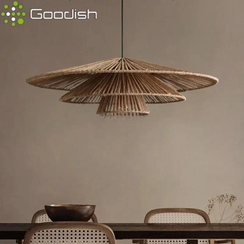 Фото Винтажные бамбуковые деревянные люстры-шляпки с LED-подсветкой, креативные светильники для спальни и домашнего декора №5
