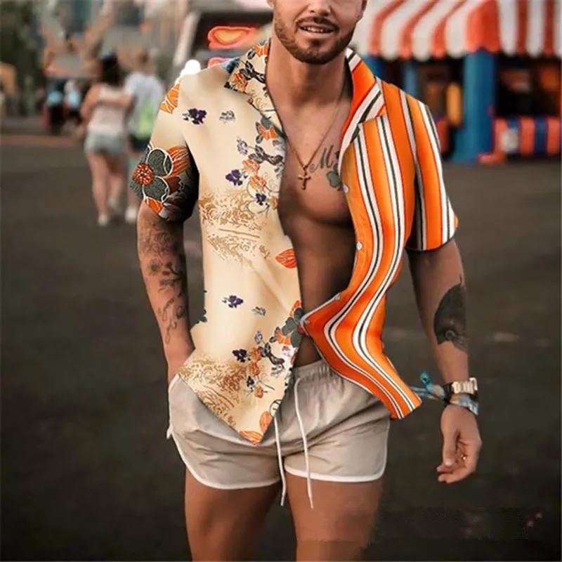 

2023 New Men's Beach Shirts Hot Sale Hawaiian Color Matching Striped Shirt Men Casual Oversized Short Sleeve Shirt Chemise Homme