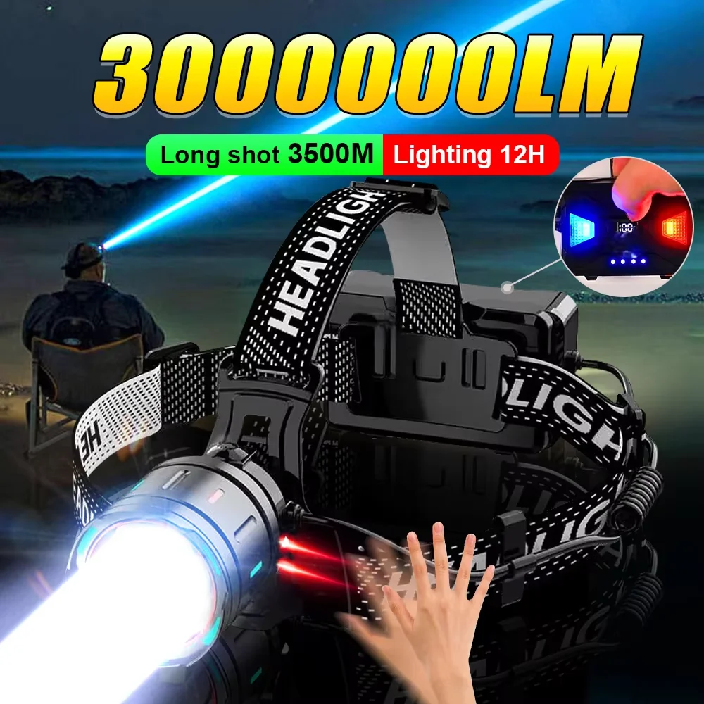 Фото Мощный налобный фонарь 3000000LM, 800W, светодиодный, с датчиком, высокомощный, перезаряжаемый (18650), для рыбалки и кемпинга №1