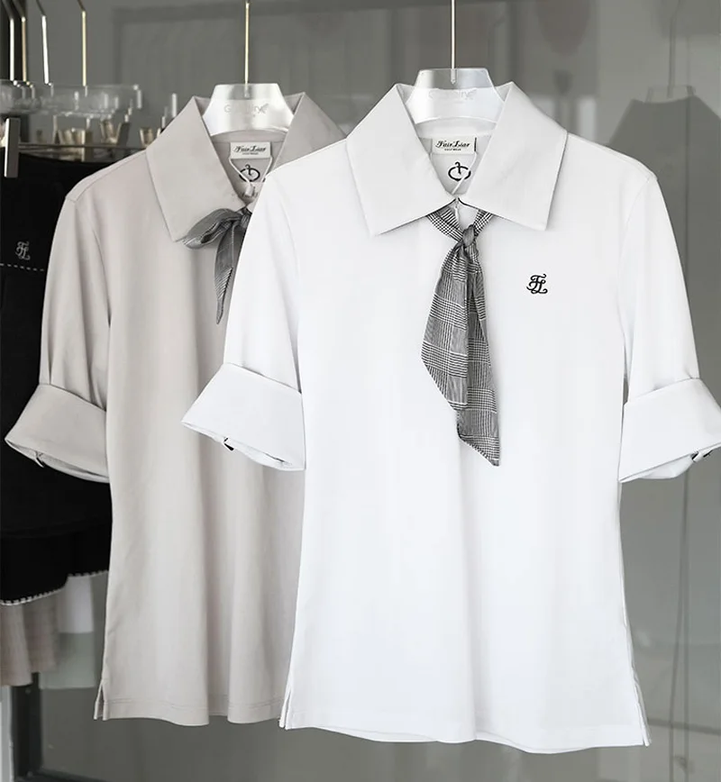 

Golf Clothing Female Summer College Style Short-sleeved T-shirt Polo with Silk Towel Decor Cute Shirt for Women Golf Top