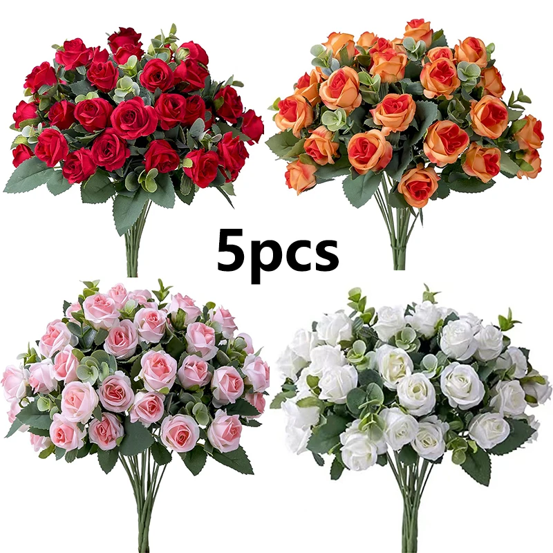 

5pc Artificial Flowers Roses Bouquet Eucalyptus Leaves Peony Wedding Party Decoration Fake Flower Home Table Vase Decor Supplies