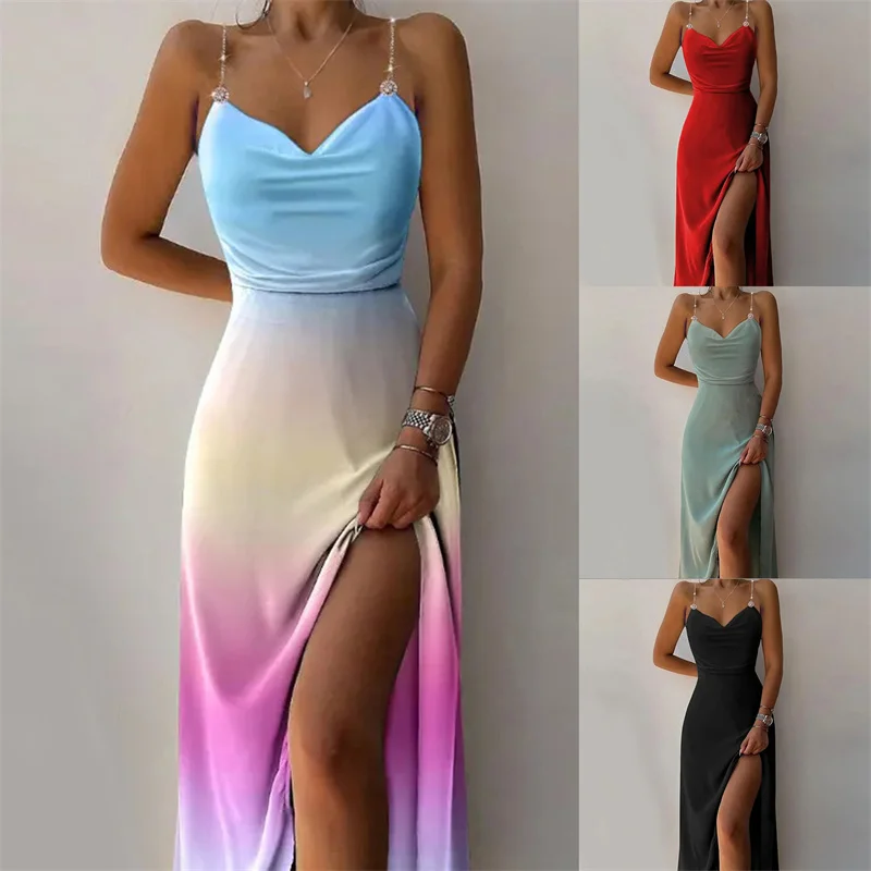 

Fashion Colorful Gradient Print Long Dress Summer Suspender Backless Dress Women Boho Off Shoulder Sparkling Crystal Slit Dress