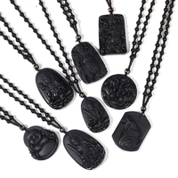natural black obsidian carving wolf buddha amulet pendant jewelry necklace stone men lucky charm fashion finding supplies