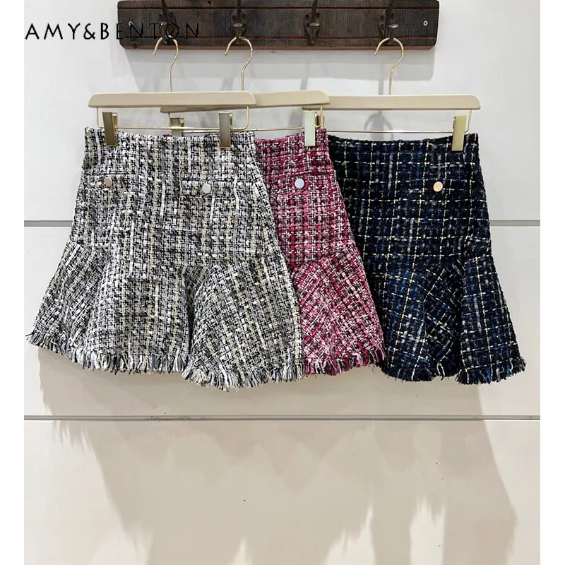 

Милая твидовая юбка в японском стиле с завышенной талией, элегантная мини-юбка для поездок, универсальная Милая Черная юбка в стиле ретро, зимняя клетчатая юбка