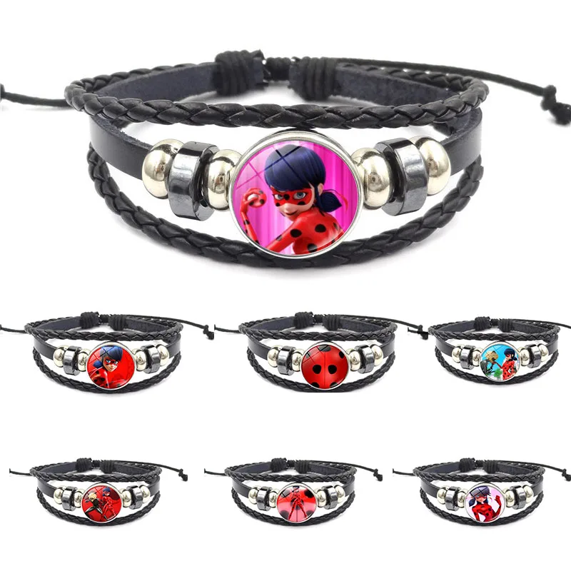 

Ladybug Black Point Dog Claw Girl's Time Gem Glass Pendant Braide Leather Wave Bracelets