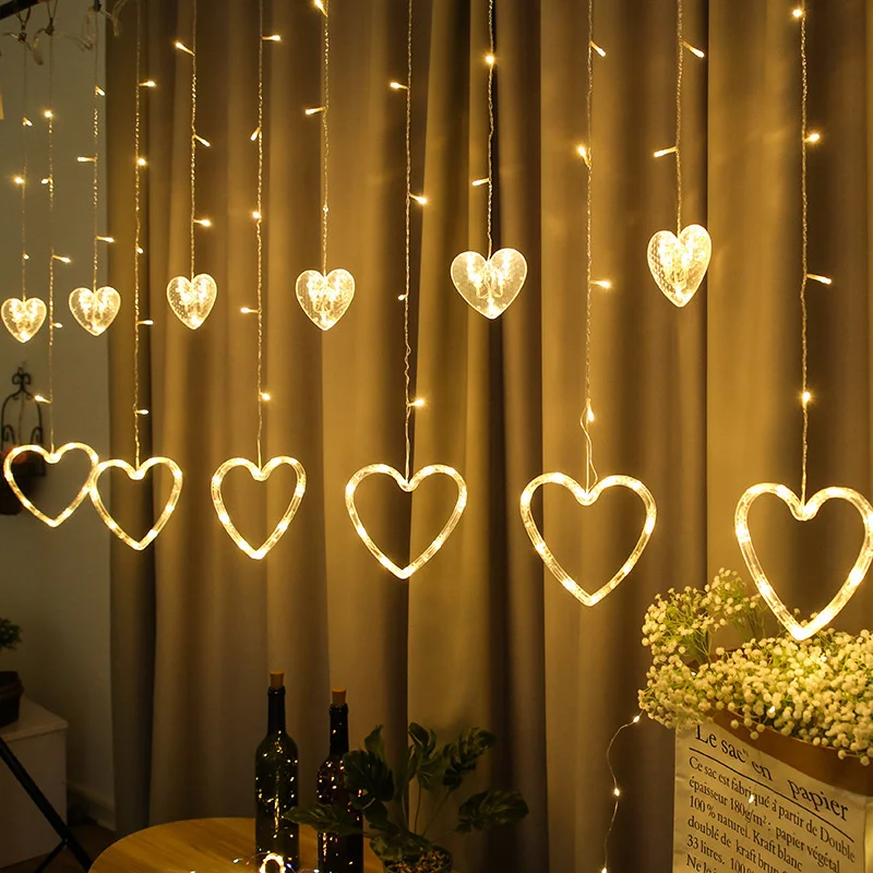 New EU Plug Heart Shaped Curtain String Lights 8 Modes Christmas Garland Fairy Lights for Home Party Wedding New Year Decoration