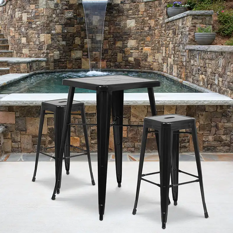 

Flash Furniture Commercial Grade 23.75" Square Black Metal Indoor-Outdoor Bar Table Set with 2 Square Seat Backless Stools