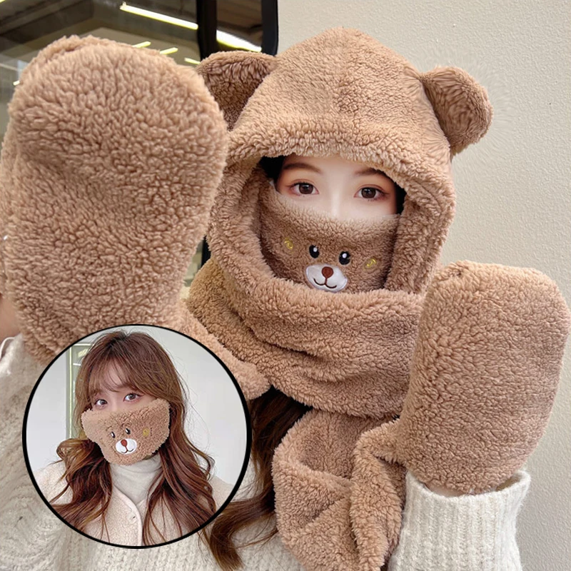 

Kawaii Bear Ear Mask Winter Hat Gloves Scarf 4 Pieces in 1